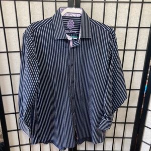 English Laundry Navy Pinstripe Button Down w/ Pink Floral Cuffs and Coll…